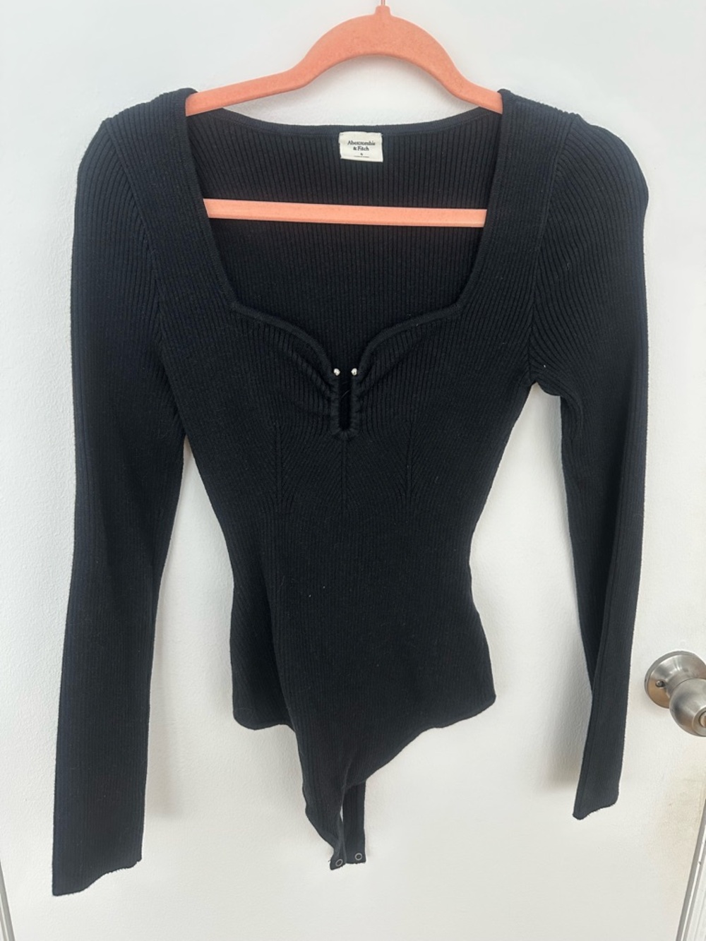Abercrombie & Fitch Black Ribbed Square-Neck Long Sleeve Bodysuit